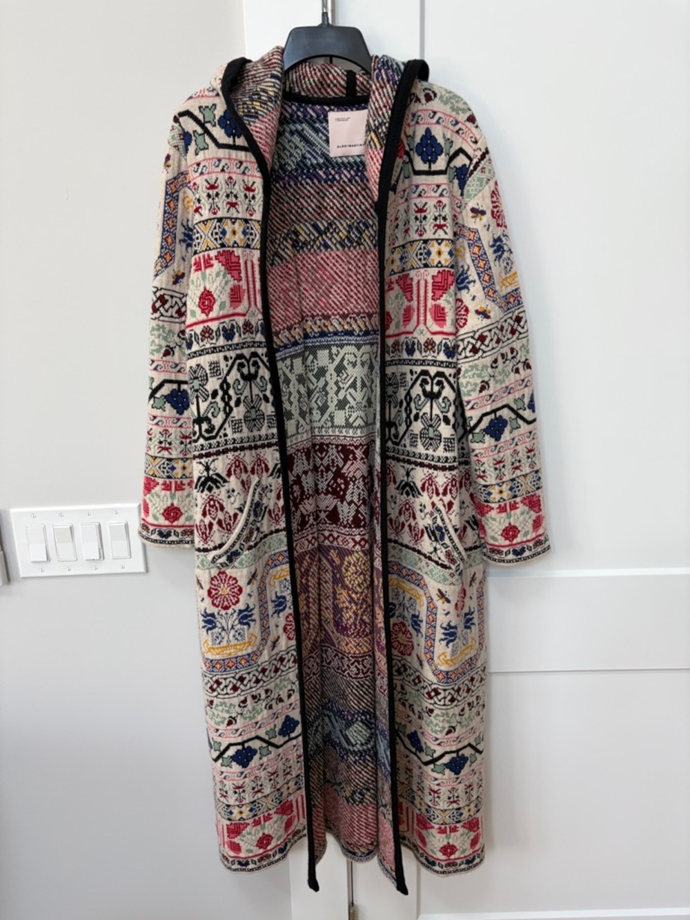 Sundance Hooded Long Knit Coat with Patterned Jacquard